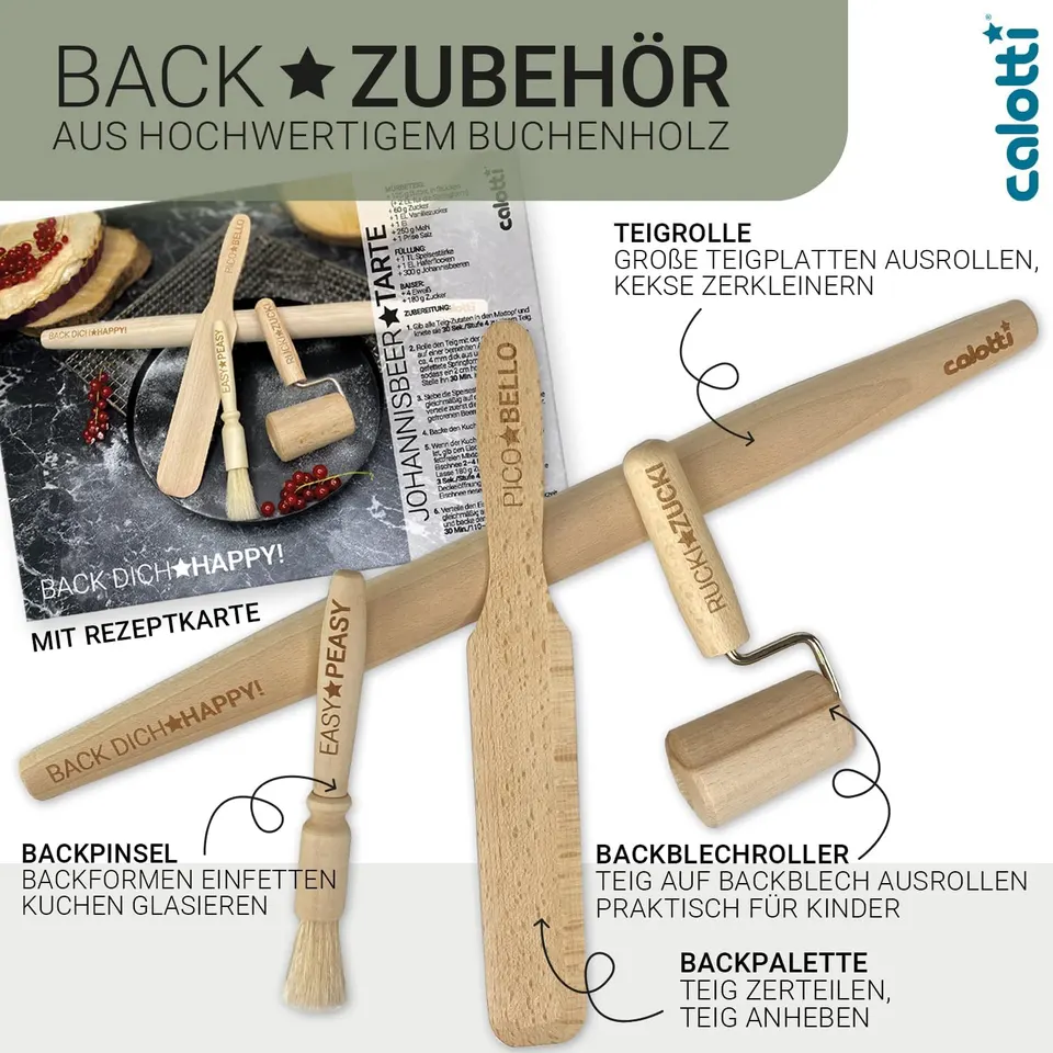 Accessoires de pâtisserie en bois : rouleau à pâtisserie, rouleau pour plaque, palette à pâtisserie & pinceau à pâtisserie – image produit 2