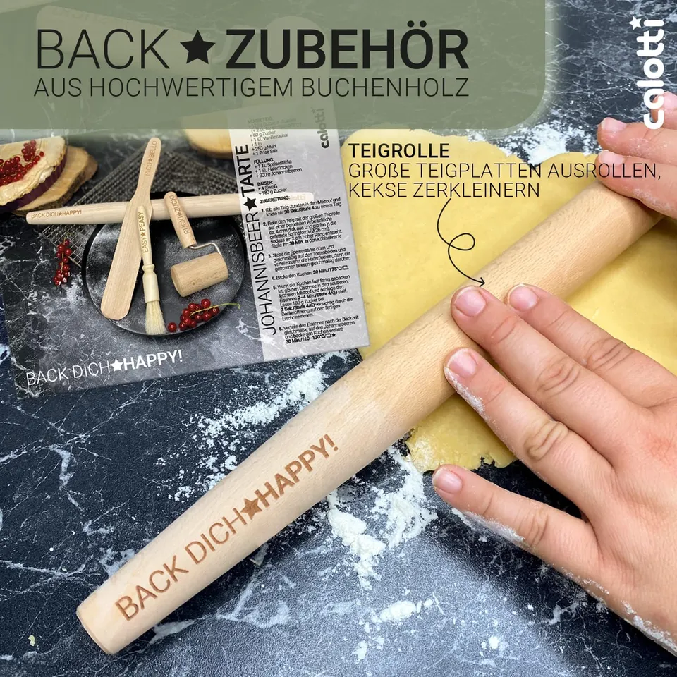 Accessoires de pâtisserie en bois : rouleau à pâtisserie, rouleau pour plaque, palette à pâtisserie & pinceau à pâtisserie – image produit 3