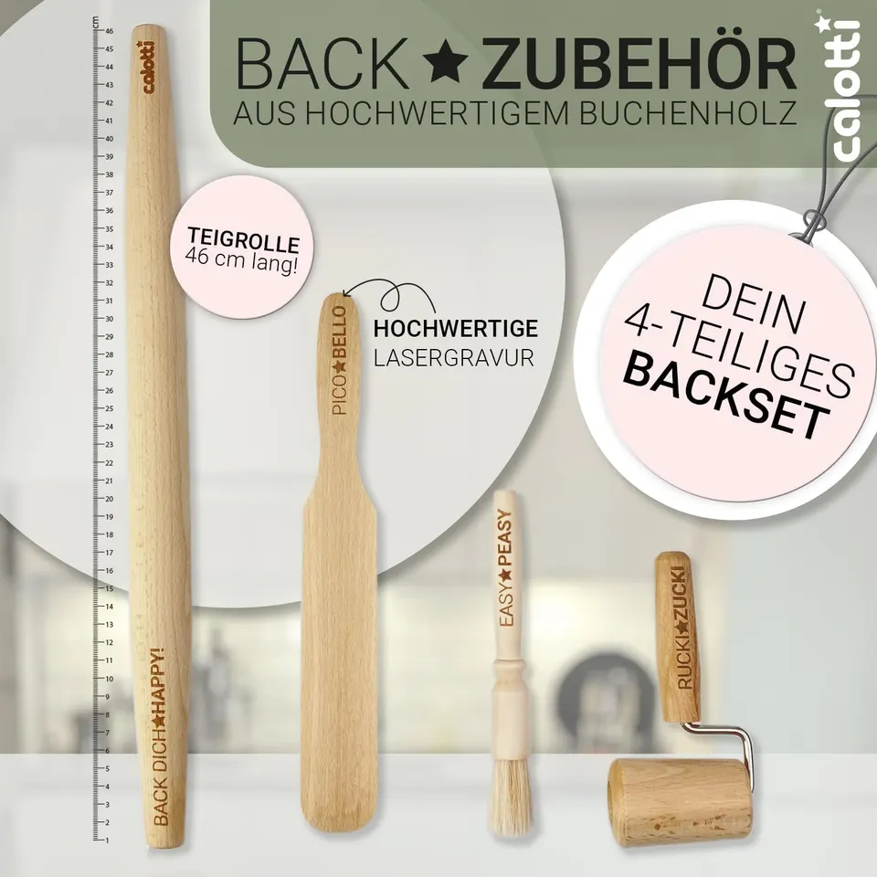 Accessoires de pâtisserie en bois : rouleau à pâtisserie, rouleau pour plaque, palette à pâtisserie & pinceau à pâtisserie – image produit 8