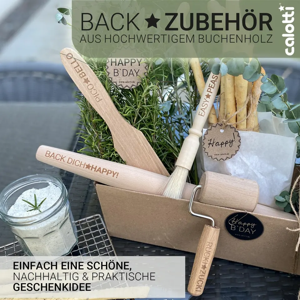 Accessoires de pâtisserie en bois : rouleau à pâtisserie, rouleau pour plaque, palette à pâtisserie & pinceau à pâtisserie – image produit 9
