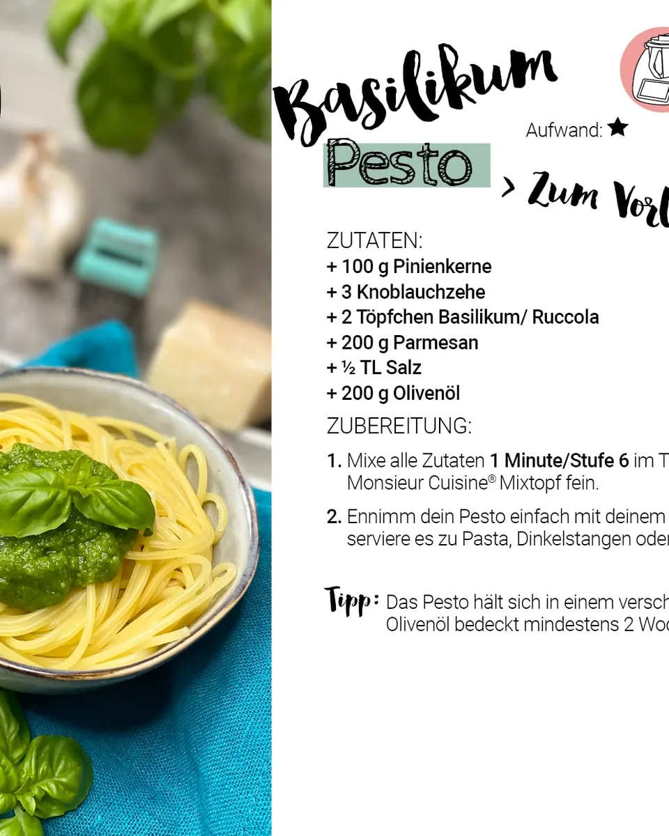 Ausschnitt der Calotti® Rezeptkarte Basilikum Pesto mit Zutaten und Zubereitung