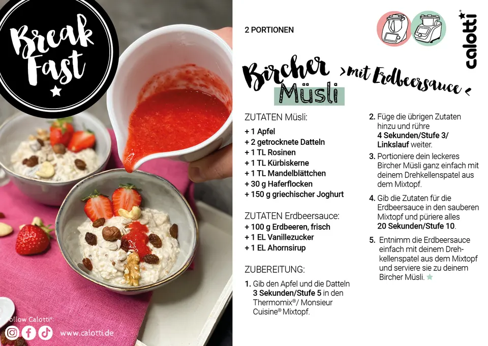 Rezeptkarte Bircher Müsli mit Erdbeersauce